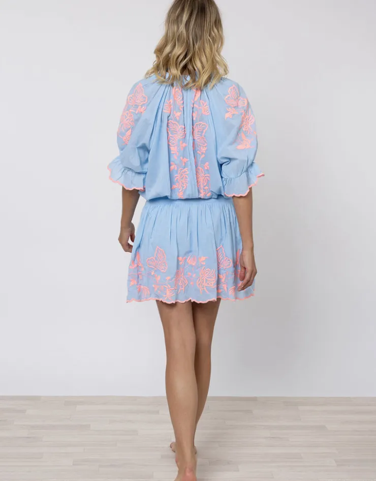 Juliet Dunn Cotton Blouson Dress with Butterfly Embroidery - Blue and Neon Pink New