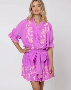 Juliet Dunn Cotton Blouson Dress with Butterfly Embroidery - Violet and Neon Peach Hot