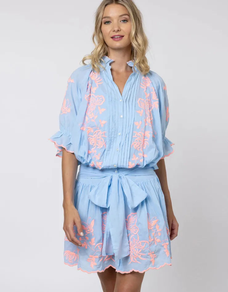 Juliet Dunn Cotton Blouson Dress with Butterfly Embroidery - Blue and Neon Pink New