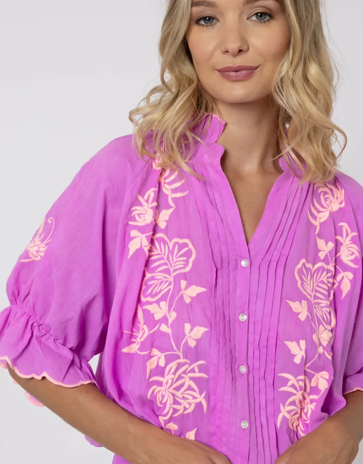 Juliet Dunn Cotton Blouson Dress with Butterfly Embroidery - Violet and Neon Peach Hot