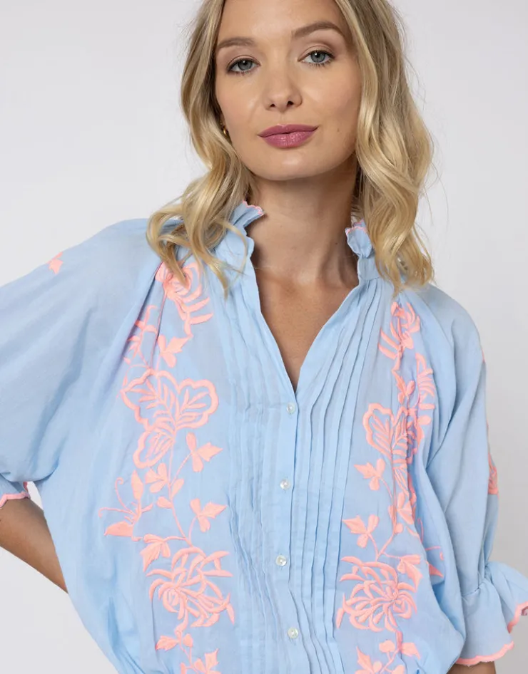 Juliet Dunn Cotton Blouson Dress with Butterfly Embroidery - Blue and Neon Pink New