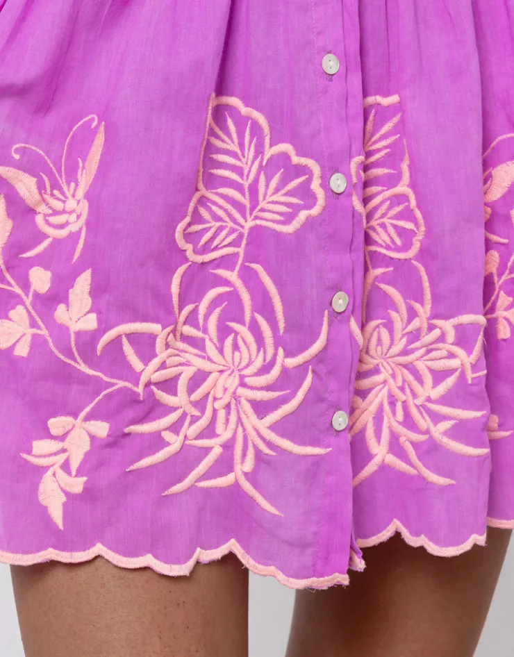 Juliet Dunn Cotton Blouson Dress with Butterfly Embroidery - Violet and Neon Peach Hot