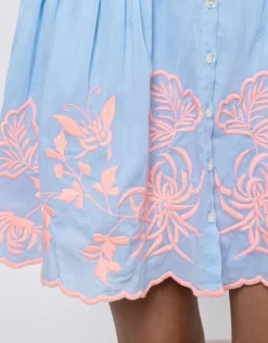 Juliet Dunn Cotton Blouson Dress with Butterfly Embroidery - Blue and Neon Pink New