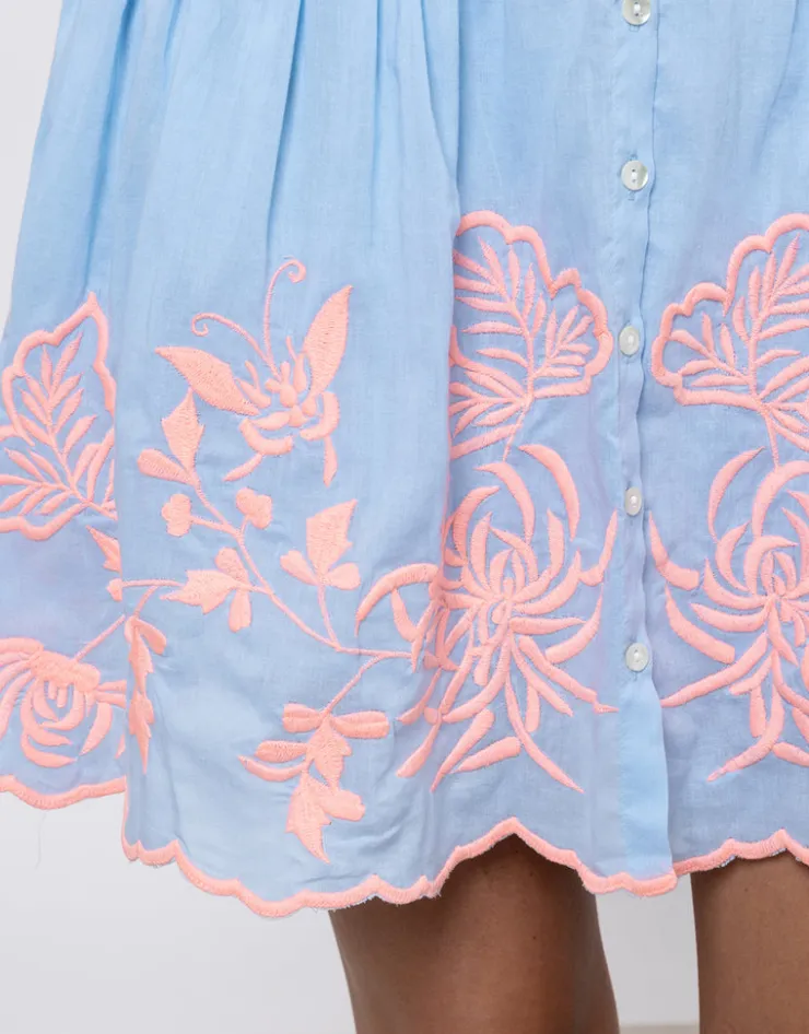 Juliet Dunn Cotton Blouson Dress with Butterfly Embroidery - Blue and Neon Pink New