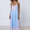 Juliet Dunn Cotton V-Neck Slip Dress with Butterfly Embroidery - Blue and Neon Pink Discount
