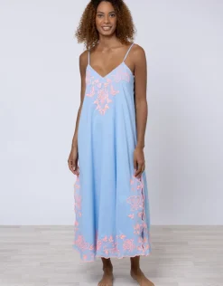 Juliet Dunn Cotton V-Neck Slip Dress with Butterfly Embroidery - Blue and Neon Pink Discount