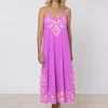 Juliet Dunn Cotton V-Neck Slip Dress with Butterfly Embroidery - Violet and Neon Peach Hot