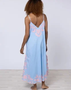 Juliet Dunn Cotton V-Neck Slip Dress with Butterfly Embroidery - Blue and Neon Pink Discount