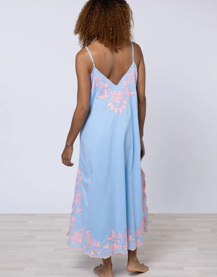 Juliet Dunn Cotton V-Neck Slip Dress with Butterfly Embroidery - Blue and Neon Pink Discount