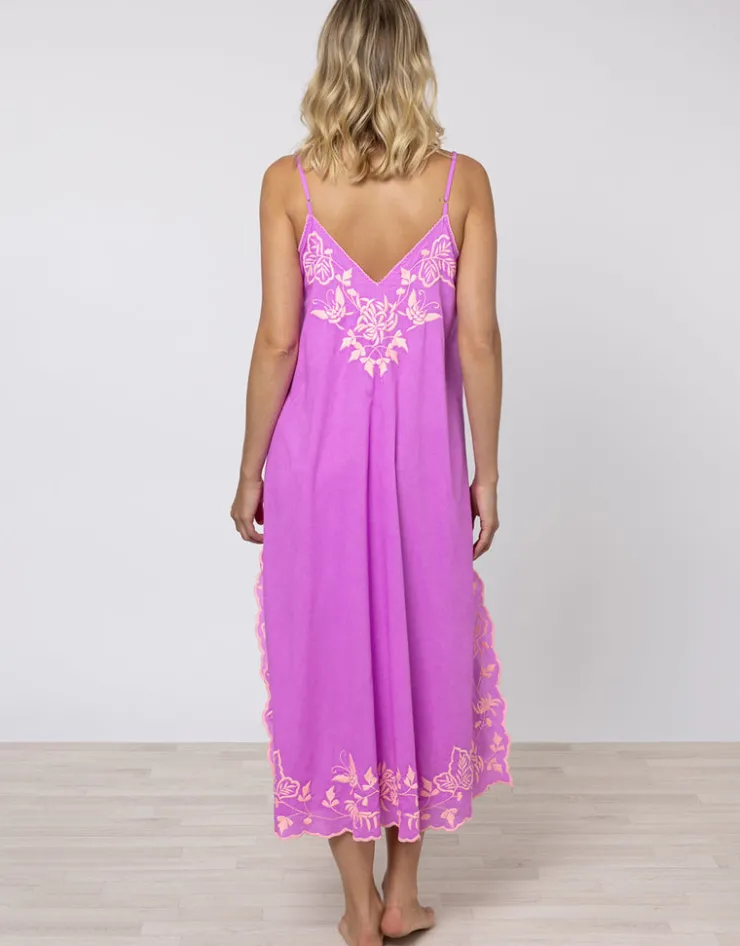 Juliet Dunn Cotton V-Neck Slip Dress with Butterfly Embroidery - Violet and Neon Peach Hot