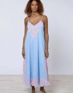 Juliet Dunn Cotton V-Neck Slip Dress with Butterfly Embroidery - Blue and Neon Pink Discount