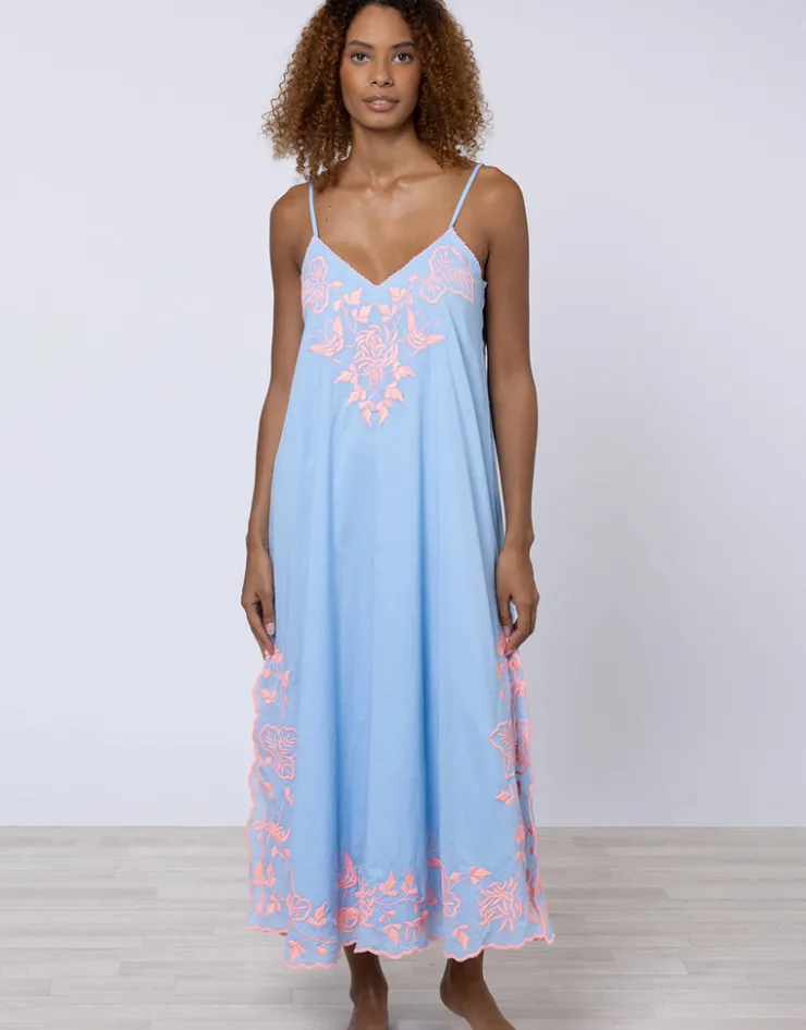 Juliet Dunn Cotton V-Neck Slip Dress with Butterfly Embroidery - Blue and Neon Pink Discount
