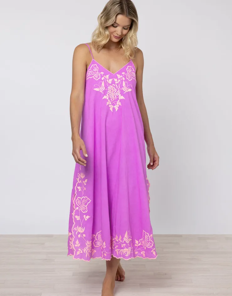 Juliet Dunn Cotton V-Neck Slip Dress with Butterfly Embroidery - Violet and Neon Peach Hot