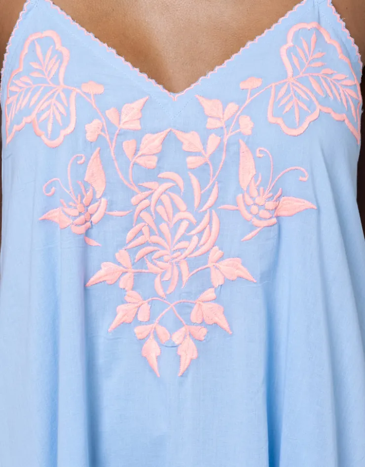 Juliet Dunn Cotton V-Neck Slip Dress with Butterfly Embroidery - Blue and Neon Pink Discount