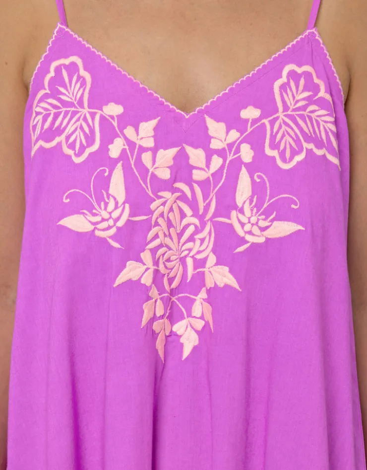 Juliet Dunn Cotton V-Neck Slip Dress with Butterfly Embroidery - Violet and Neon Peach Hot