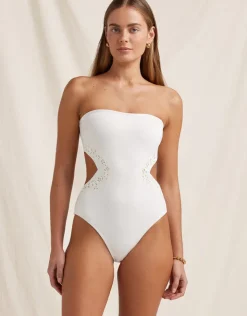 Peony Creme Memoir Embroidered Strapless Swimsuit - White Clearance