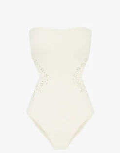 Peony Creme Memoir Embroidered Strapless Swimsuit - White Clearance