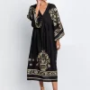Greek Archaic Kori Crete V Neck Midi Kaftan - Black and Gold Sale