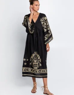 Greek Archaic Kori Crete V Neck Midi Kaftan - Black and Gold Sale