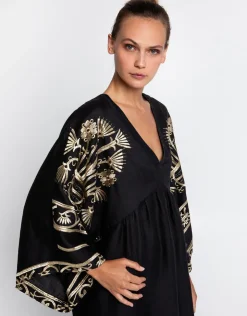 Greek Archaic Kori Crete V Neck Midi Kaftan - Black and Gold Sale