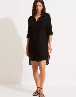 Seafolly Crinkle Twill Beach Shirt - Black Best