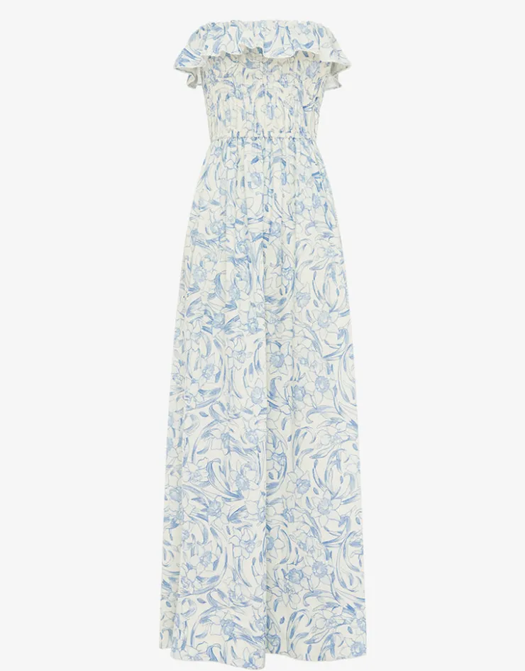 Peony Daffodil Shirred Midi Dress - Blue Print Best