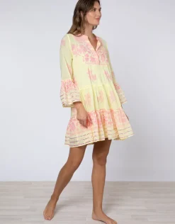 Juliet Dunn Dhaka Print Flared Sleeve Dress - Yellow and Fuchsia New