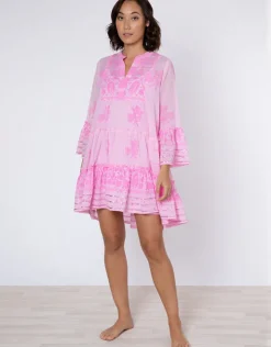 Juliet Dunn Dhaka Print Flared Sleeve Dress - Pink and Neon Pink Outlet