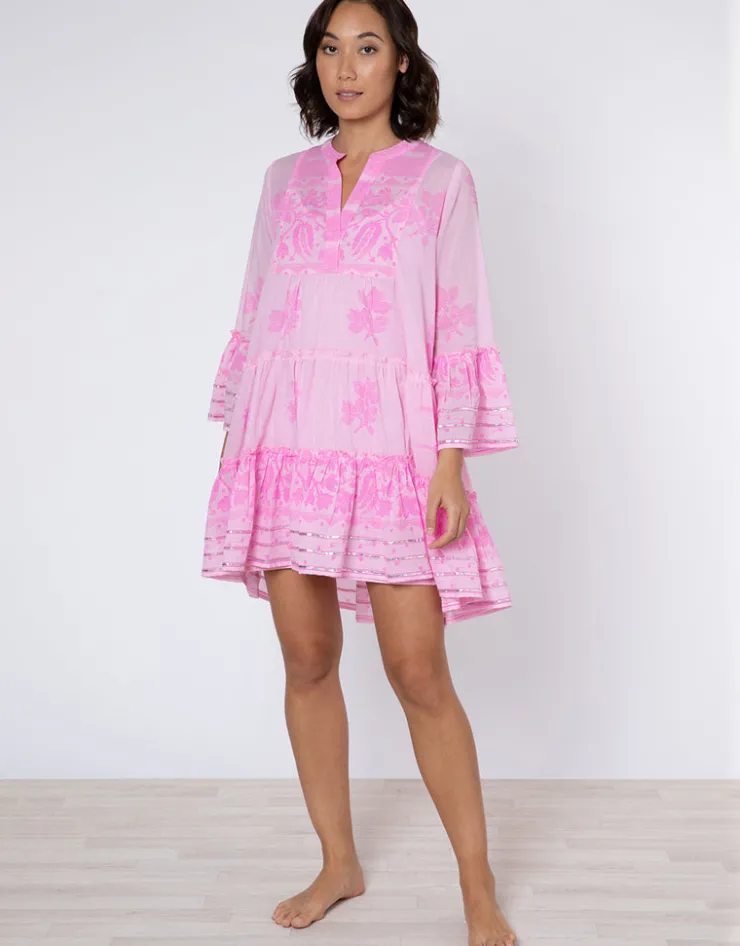 Juliet Dunn Dhaka Print Flared Sleeve Dress - Pink and Neon Pink Outlet