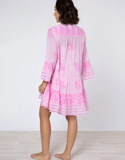 Juliet Dunn Dhaka Print Flared Sleeve Dress - Pink and Neon Pink Outlet