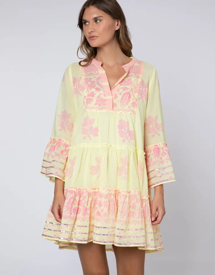 Juliet Dunn Dhaka Print Flared Sleeve Dress - Yellow and Fuchsia New