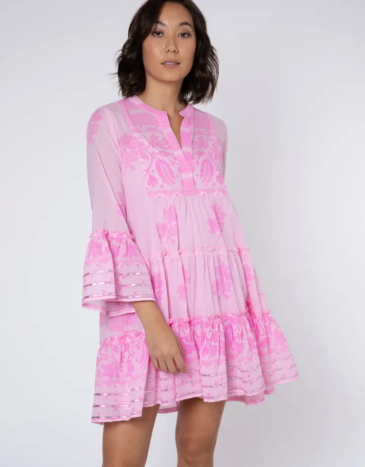 Juliet Dunn Dhaka Print Flared Sleeve Dress - Pink and Neon Pink Outlet