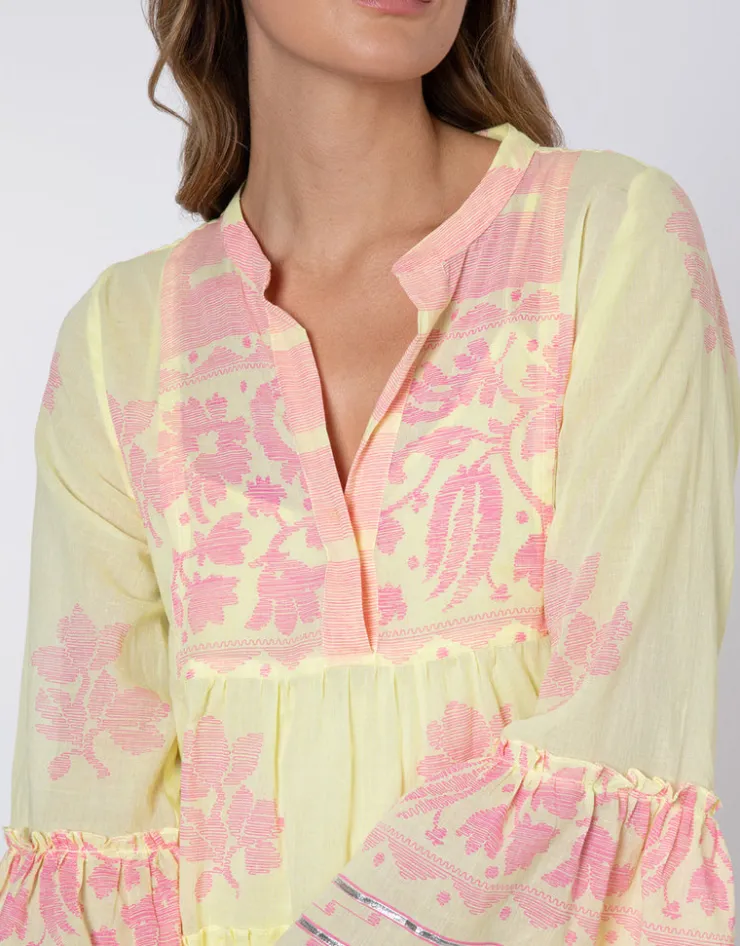 Juliet Dunn Dhaka Print Flared Sleeve Dress - Yellow and Fuchsia New