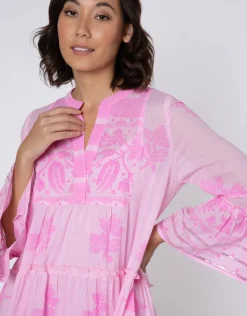 Juliet Dunn Dhaka Print Flared Sleeve Dress - Pink and Neon Pink Outlet