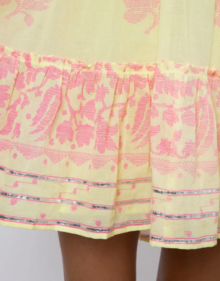 Juliet Dunn Dhaka Print Flared Sleeve Dress - Yellow and Fuchsia New
