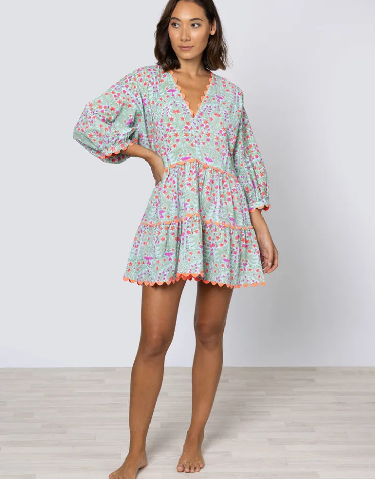 Juliet Dunn Ditsy Print V-Neck Tiered Mini Dress with Ric-Rac - Aqua and Neon Red Discount