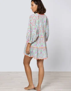 Juliet Dunn Ditsy Print V-Neck Tiered Mini Dress with Ric-Rac - Aqua and Neon Red Discount