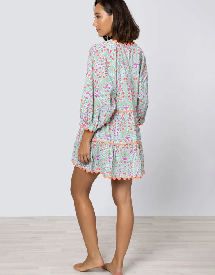 Juliet Dunn Ditsy Print V-Neck Tiered Mini Dress with Ric-Rac - Aqua and Neon Red Discount
