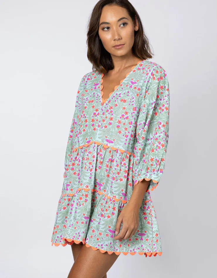 Juliet Dunn Ditsy Print V-Neck Tiered Mini Dress with Ric-Rac - Aqua and Neon Red Discount