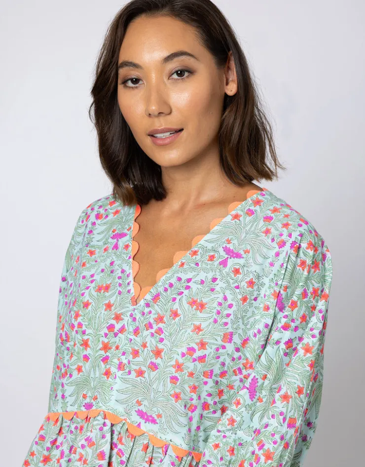 Juliet Dunn Ditsy Print V-Neck Tiered Mini Dress with Ric-Rac - Aqua and Neon Red Discount