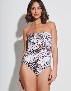 Roidal Ethnic Palm Bandeau Swimsuit - Brown Hot