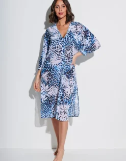 Roidal Ethnic Palm Midi Beach Shirt - Blue New