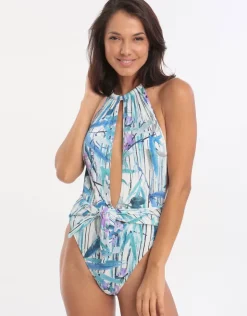 Gottex Exotic Paradise Deep Plunge High Neck Swimsuit - Multi Blue Sale