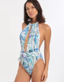 Gottex Exotic Paradise Deep Plunge High Neck Swimsuit - Multi Blue Sale