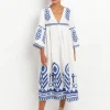 Greek Archaic Kori Feather Bell Sleeve Kaftan - White and Blue Outlet