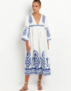 Greek Archaic Kori Feather Bell Sleeve Kaftan - White and Blue Outlet