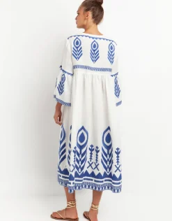 Greek Archaic Kori Feather Bell Sleeve Kaftan - White and Blue Outlet