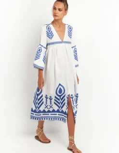 Greek Archaic Kori Feather Bell Sleeve Kaftan - White and Blue Outlet