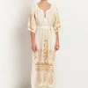 Greek Archaic Kori Feather Maxi Kaftan - Natural and Gold New