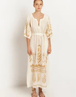Greek Archaic Kori Feather Maxi Kaftan - Natural and Gold New